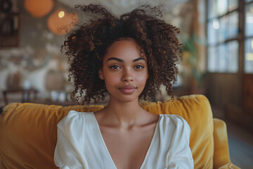 An elegant model seated in a minimalist, upscale interior, dressed in a chic, understated ensemble that exudes refined sophistication.