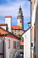 Cesky Krumlov historic center, view of medieval castle. Bohemia, Czech Republic 