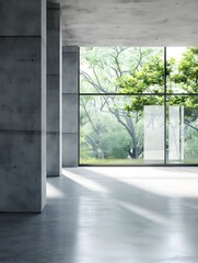 Fototapeta premium Space for products showcases in the concrete hallway with a park background. 