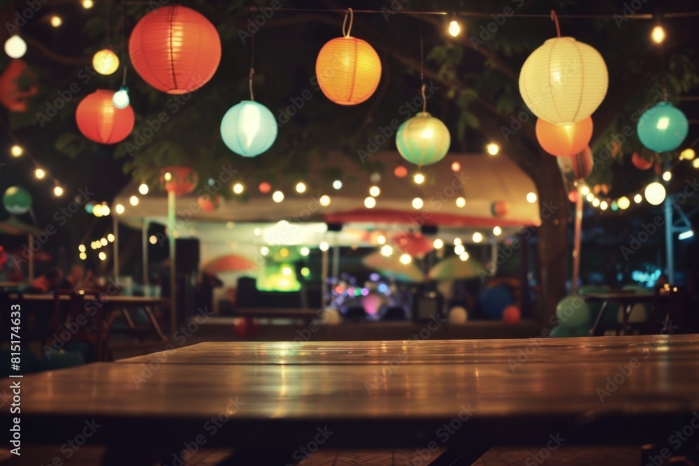 Poster a blurry, out of focus photo of the dance floor at night under a canopy with hanging lights and larg