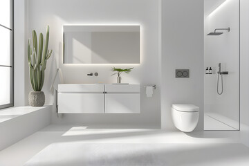Modern Minimalist Bathroom Design with Wall-mounted Features and Rainfall Shower
