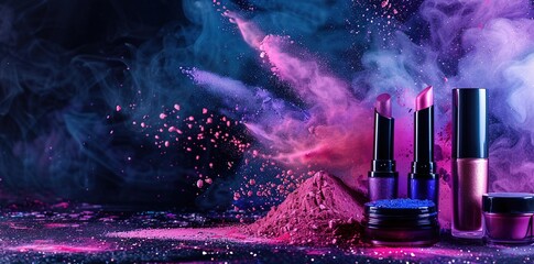 A collection of colorful makeup products on an abstract background.