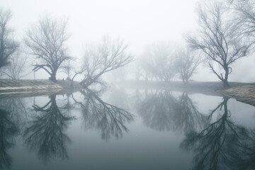 Picturesque landscape of a river in thick white fog. Reflections on water. Dark atmospheric...