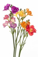 Color freesia flowers isolated, freesia buds set, blossoms collection on white background