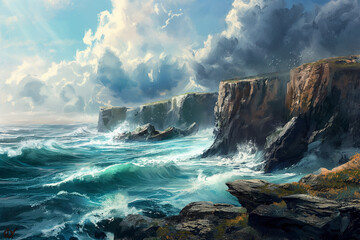 Ocean wave breaking on a rocky shore with rough sea water