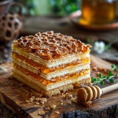 Honey cake slice, biscuit layered medovik dessert, homemade dessert with cream, sweet caramel pie