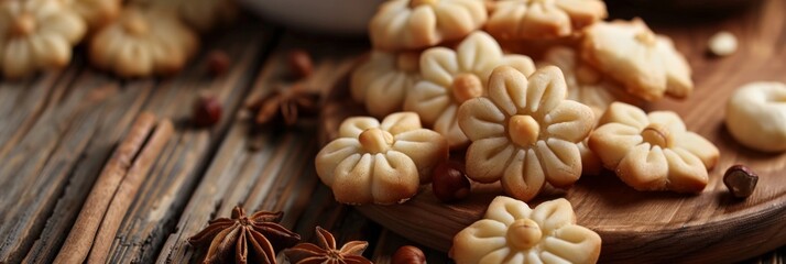 Fototapeta premium Nut cookies, walnut biscuits, butter cookies, crackers pile in shape of flowers, snowflakes, stars, round shortbread