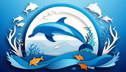 World oceans day banner with paper-cut dolphin on it, A day dedicated to the protection and preservation of the oceans,illustration created with generative ai.