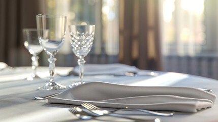 Fototapeta premium Graceful Dining Experience: Hyper-Realistic Elegant Table Setting with White Linen, Silver Fork, and Crystal Glass in Soft Illumination