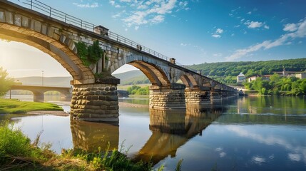 Iron bridge on stone piers across the Dniester River. Picturesque morning scene of Ukrainian countryside. Splendid summer day on big river, Ukraine, Europe. Traveling concept background