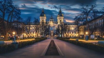 Fototapeta premium Illuminated spring scene of Maria Theresa Square with famous Naturhistorisches Museum (Natural History Museum). Stunning night cityscape of Vienna, Austria, Europe. Travel the world