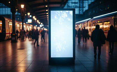 Mock up. Vertical advertising billboard, lightbox with empty digital screen on railway station. Blank white poster advertising, public information board stands at station in front of people and train  - Powered by Adobe