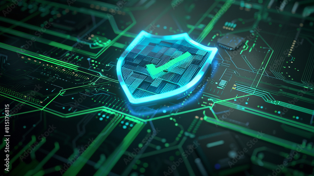 Poster Digital cybersecurity hud hologram with glowing shield, circuit board with abstract lines. Concept of internet security and global protection.