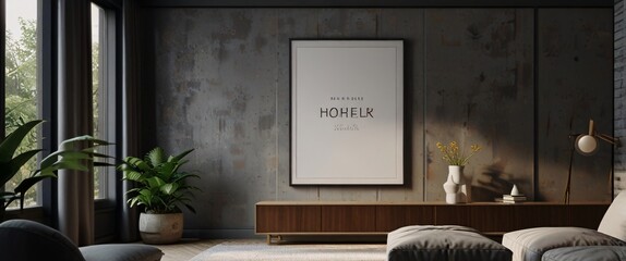 mock up poster frame in modern interior background, interior space, living room, Contemporary style, 3D render, 3D illustration, ultrarealistic
