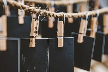 photo cards hanging on a rope with clothespins in real context, close-up, mockup