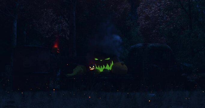 Dancing Jack-o'-lanterns: Halloween Pumpkin People Grooving on a Rugged Pickup Truck in the Dark Forest