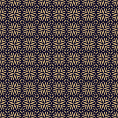 Fototapeta premium Vector geometric graphic texture. Luxury black and gold seamless pattern with lines, stars, arrows, grid, lattice, floral silhouettes. Simple abstract background. Repeat geo design for decor, package