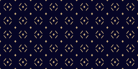Vector minimalist seamless pattern. Abstract gold and black geometric background with small rhombuses, diamonds and lines. Modern luxury golden texture. Repeated design for print, decor, wallpaper