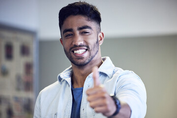 Portrait, male person and happy with thumbs up, smile and opportunity at university, campus or...