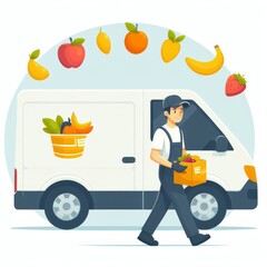 Fruit delivery concept. Courier carries organic products. Vegan vitamin menu