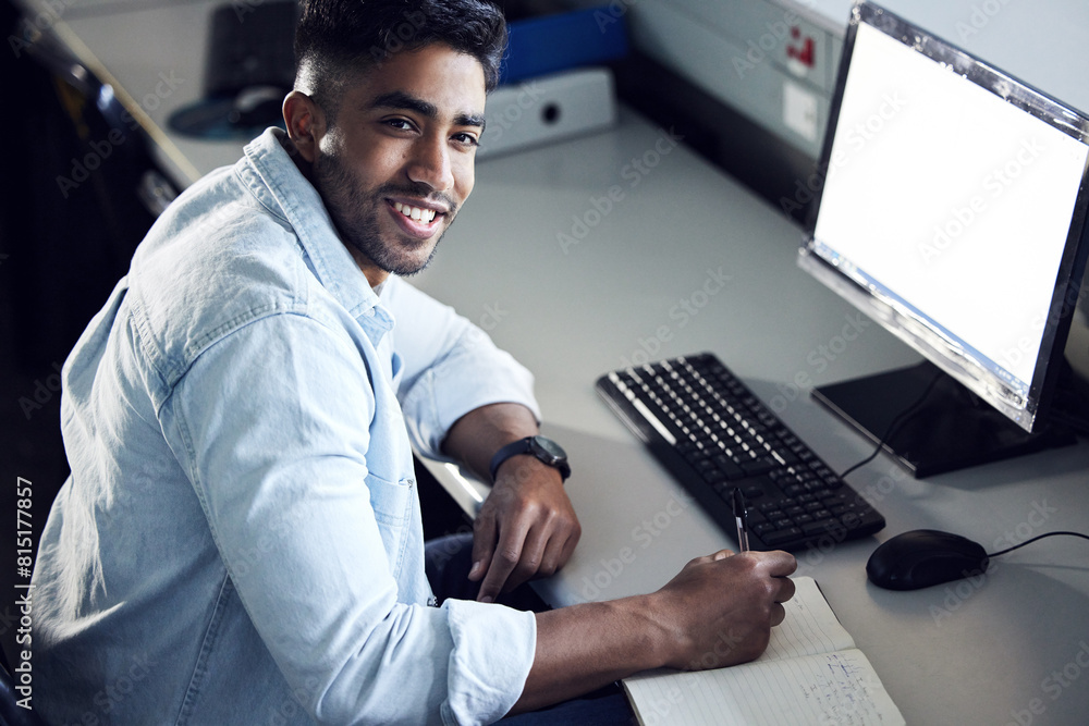 Aufkleber Man, student and portrait with writing in book at IT college with smile for education with coding. Person, e learning and mockup space on computer screen for programming, study and academy in Mumbai
