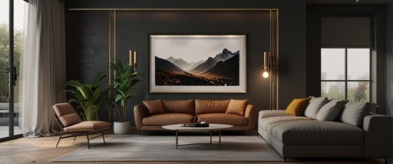 mock up poster frame in modern interior background, interior space, living room, Contemporary style, 3D render, 3D illustration, ultrarealistic
