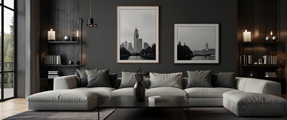 Fototapeta premium mock up poster frame in modern interior background, interior space, living room, Contemporary style, 3D render, 3D illustration, ultrarealistic