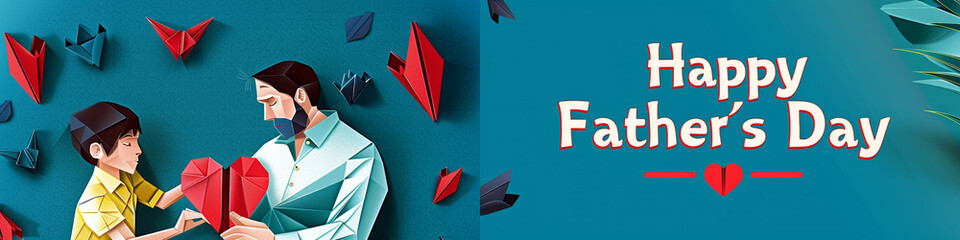 A Father's Day graphic featuring an origami child and father on the left, with the child folding a paper heart gift. 