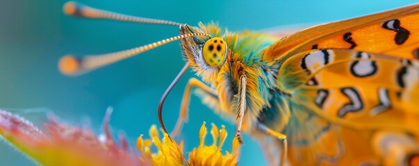 closeup front view of butterfly on a yellow flower macro photography 