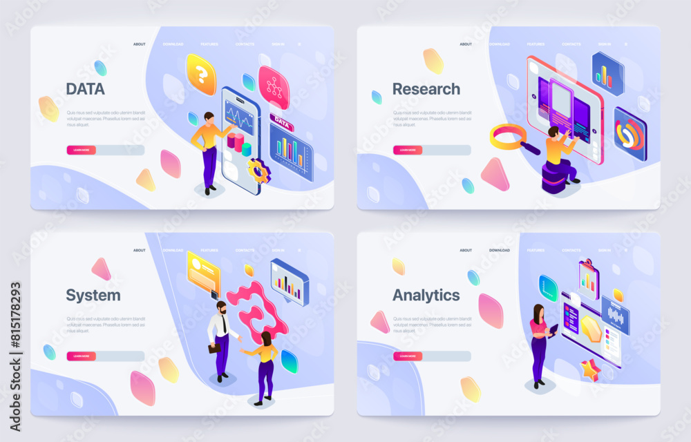Poster collection of web page designs featuring characters with digital elements, abstract shapes backgroun