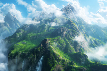 A tranquil natural landscape with waterfalls, rocky terrain, lush green trees, and a cloudy blue sky - Powered by Adobe