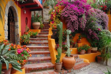 Colorful traditional Mexican house with vibrant flowers and cactus plants.