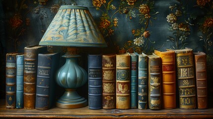 Artistic Still Life of Vintage Books and a Classic Lamp, Copy Space for Text