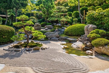 Fototapeta premium Tranquil Japanese garden with raked sand, stones, and manicured shrubs.
