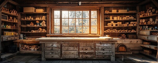 Naklejka premium Warm rustic kitchen in a cozy cabin