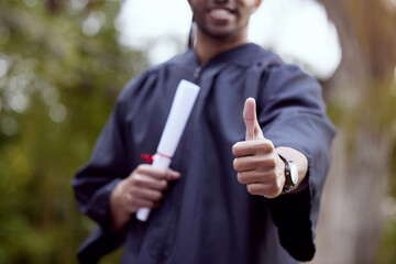 Thumbs up, graduate and diploma outdoor for celebration, achievement and education or ceremony....