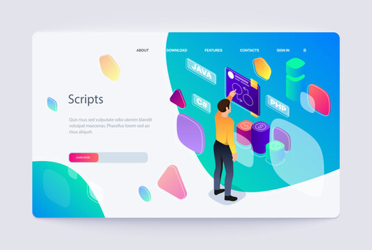 Person interacting with a coding interface, colorful isometric vector illustration, blue gradient background, concept of programming