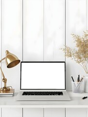 Desk background with blank computer screen. Workspace with mockup blank screen laptop computer. wallpaper luxury and minimal workspace with blank computer screen