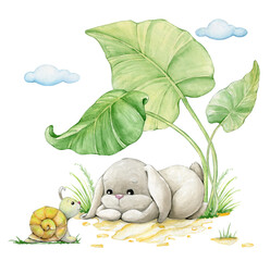 A cute bunny is looking at a snail, big cloud leaves. Watercolor clipart on an isolated background.