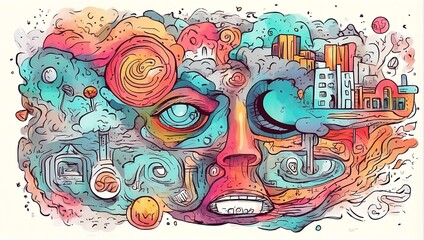 Mental health concept. Doodle watercolor vector illustration 
