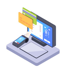 Digital payment concept with cards popping out of a computer monitor, isometric style on plain background, 3d vector illustration