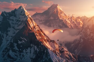 A man is flying a parachute over a mountain range - Powered by Adobe