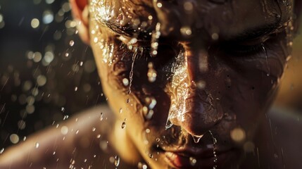 A persons face is captured in close-up, drenched by raindrops, reflecting the golden twilight hues.