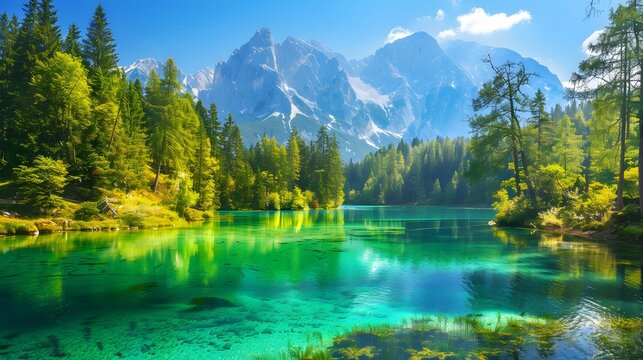 Colorful summer view of Fusine lake. Bright morning scene of Julian Alps with Mangart peak on background, Province of Udine, Italy, Europe. Traveling concept background