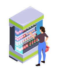 A person shopping in a supermarket aisle, reaching out for products, vector illustration on light background, isometric concept of daily life activity