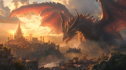 Obraz premium A giant dragon attacking a medieval fantasy city