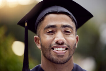 Portrait, graduate or young man outdoor for celebration, achievement and education or ceremony....