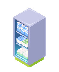 Isometric vector illustration of a refrigerator stocked with milk and eggs on a white background, depicting a 3d concept of refrigeration