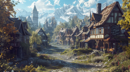 Obraz premium Medieval fantasy town with mountains in background