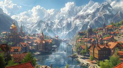 Obraz premium Fantasy town on a river with mountains in the backgound
